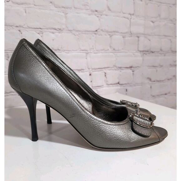 GUCCI CELLARIUS GRAY LEATHER BIT LOGO BUCKLE PEEP TOE PUMPS 40.5 ITALY Dust Bag - Picture 2 of 15